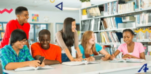 Jovens na biblioteca escolar